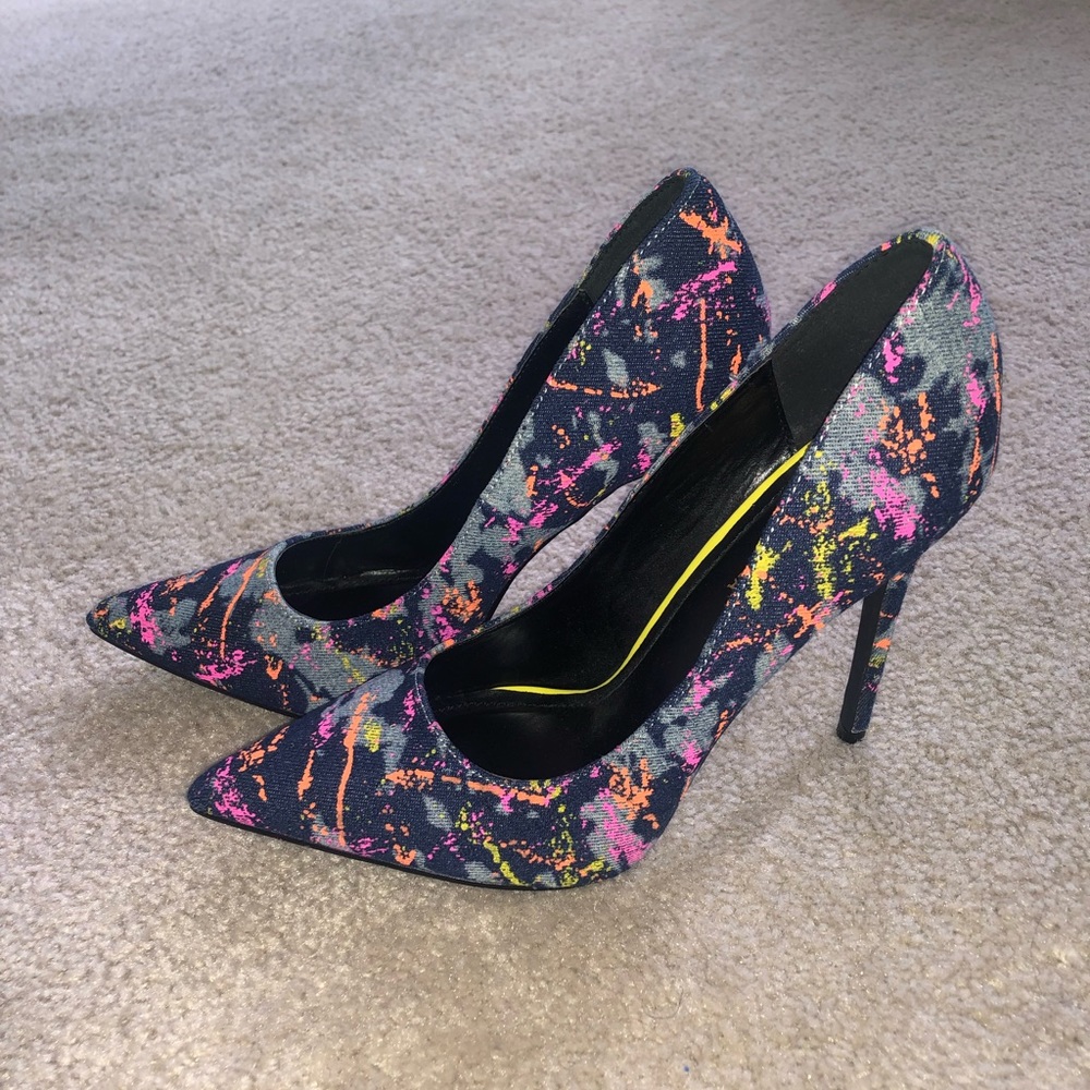 Denim Neon Paint Splatter Stiletto Heels - Pink, Yellow, Blue Jeans Retro 80s